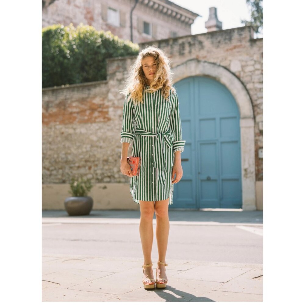 Katie Kime Retro Stripe Sophia Shirtdress Green/White Stripe Sz XS Pockets